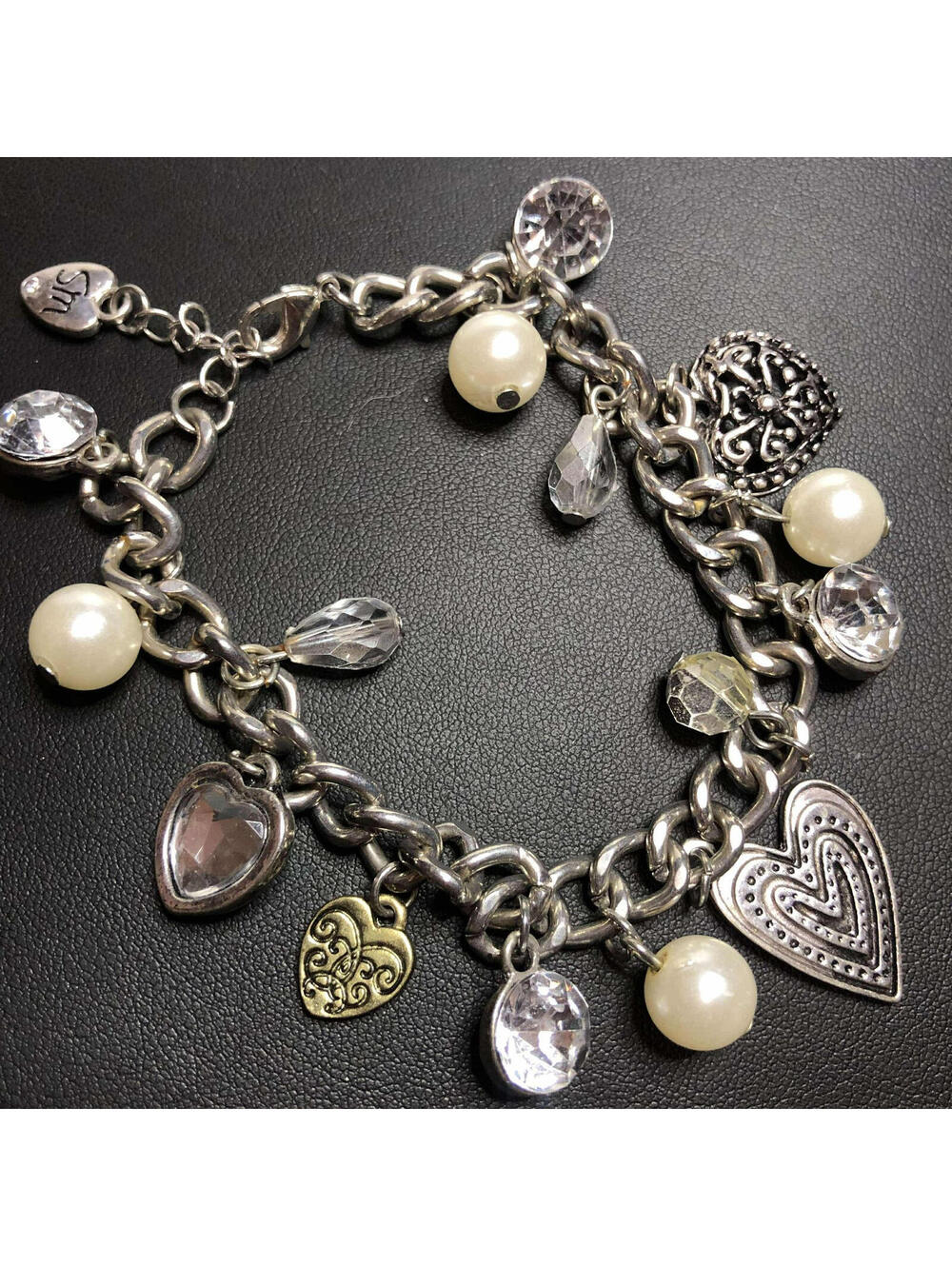 1853 Silver tone heart faux pearl CZ dangle charm Bracelet signed SM